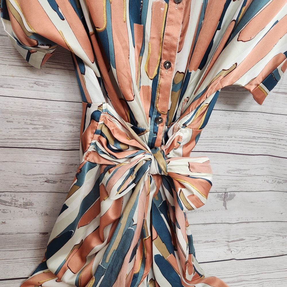 entro Abstract Stripe Tie-Waist Midi Dress in Peach, Navy & Cream - Picture 3 of 4